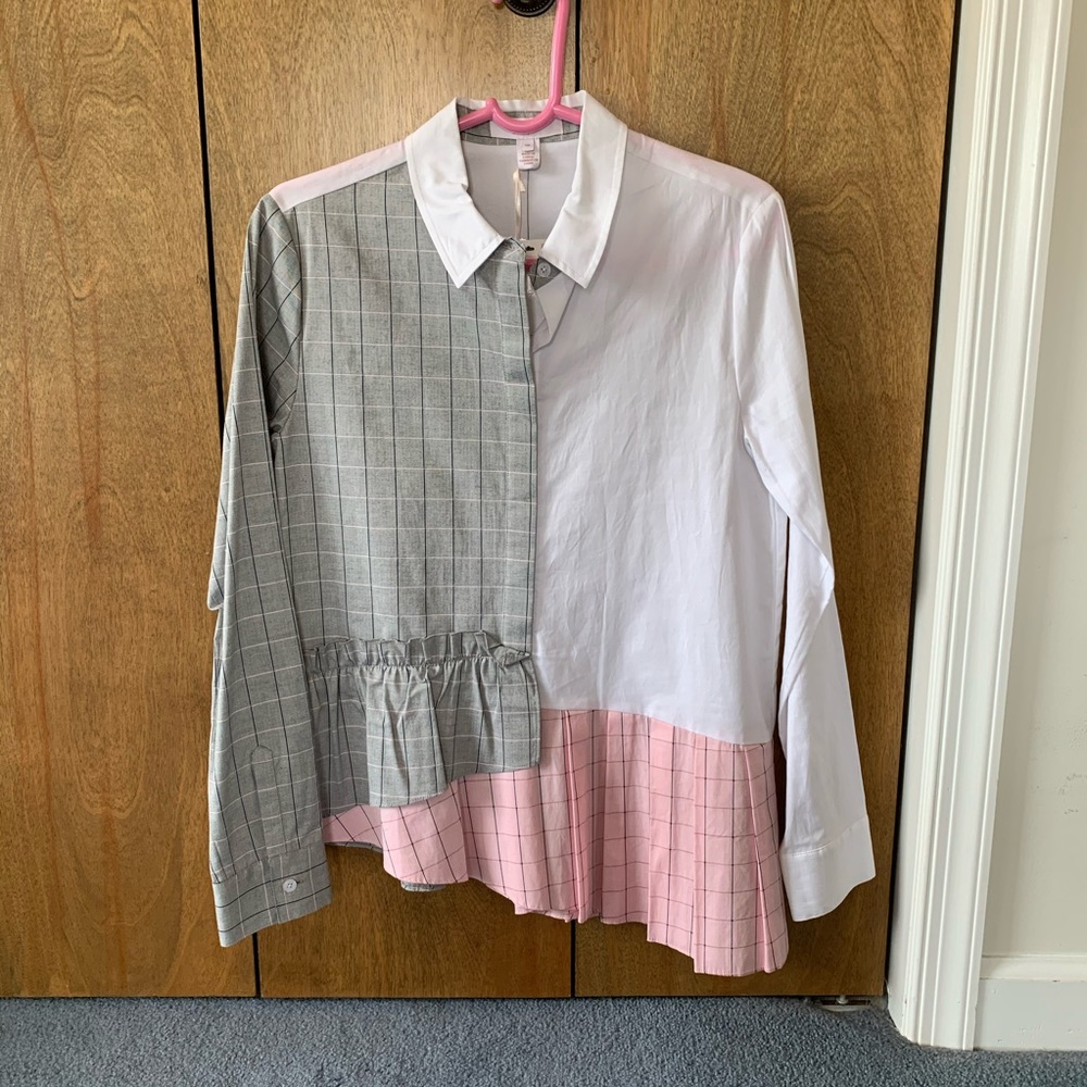 NWT Scripted Asymmetrical Button Down Blouse